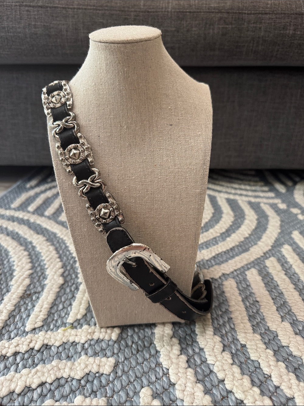 Vintage 90s Leather Concho Belt Heavy Silver Hardware Western Boho Rock